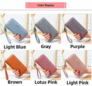 Detailed grid showing six colors of long zippered wallets with embossed floral patterns