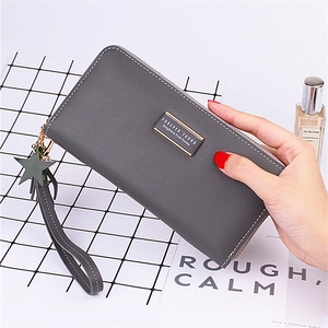 Long dark gray matte leather clutch wallet with star tassel and zip closure for women