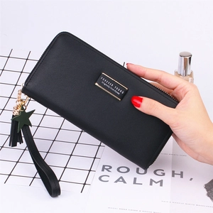 Black long faux leather wallet for women with zipper, star charm and tassel wristlet