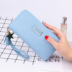 Light blue long PU leather zipper wallet with star tassel and wrist strap for women