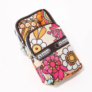 Three-layer floral zipper phone bag with adjustable neck strap for outdoor sports