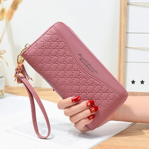 Women Long Zipper Wallet Synthetic Leather Clutch Purse With Wrist Strap Tassel Embossed Pattern For Ladies Daily Travel Gift