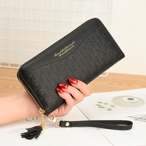 Classic black leather long wallet with embossed pattern and wristlet for women