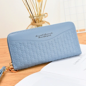 Blue embossed leather long wallet for women with zip closure and wrist strap