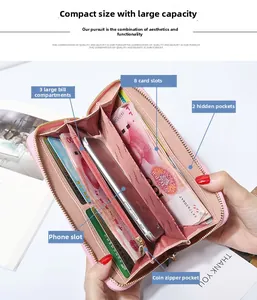 Internal structure of long leather wallet with card slots and mobile phone compartment