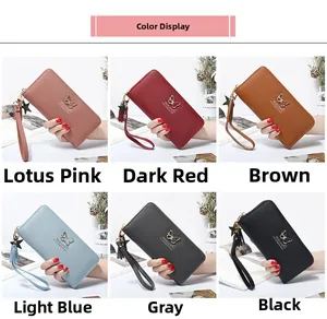 Detailed view of women's long zip wallet with butterfly hardware in six different colors