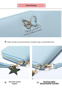 Close-up of litchi pattern leather wallet with metal butterfly logo and tassel charm
