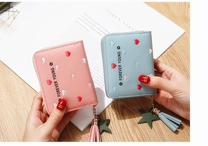 Close-up of pink and blue wallets with heart embroidery and fringe star charm