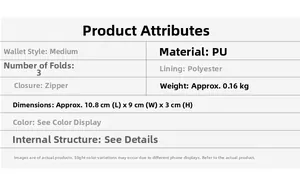 Detailed size and material specification chart for the vintage PU leather women wallet