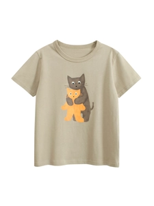 T-shirt en coton kaki pour enfants avec illustration de chats mignons sur fond blanc