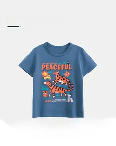 Detail of skin-friendly cotton kids t-shirt with colorful cartoon animal print