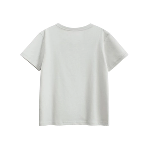 Rear view of minimalist toddler cotton crewneck t-shirt in light grey melange fabric