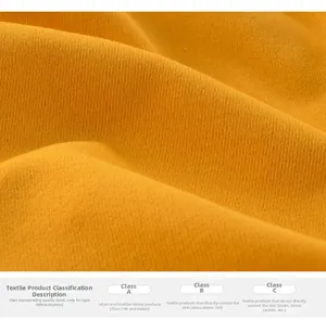 Detail of yellow quick-dry knit fabric showing texture and safety standards information