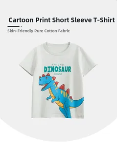 Detail of soft 100% cotton fabric and blue dinosaur cartoon print on white toddler T-shirt