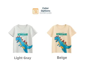 Flat lay of light grey and beige cotton t-shirts with cartoon dinosaur prints for boys