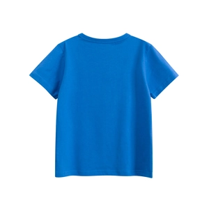 Detailed view of kids blue cotton short sleeve t-shirt with ribbed crew neck collar