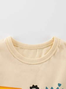 Short sleeve beige cotton T-shirt for boys featuring a ribbed crew neck and soft fabric