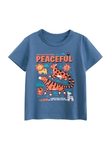 Toddler Boys Cotton Short Sleeve T-Shirt Cartoon Jungle Animal Peaceful Print Round Neck Summer Casual Tee Top
