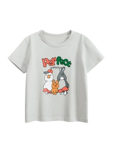 Boys Cartoon Animal Graphic Cotton T-Shirt Light Gray Round Neck Short Sleeve Summer Casual Kids Top