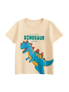 Kids cream crew neck T-shirt with blue cartoon dinosaur print and colorful text
