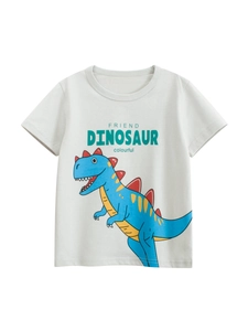 White cotton t-shirt for kids featuring a blue cartoon dinosaur and FRIEND text print