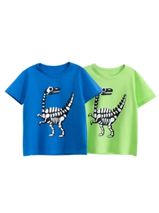 Kids Short Sleeve T-Shirt 100% Cotton Round Neck Dinosaur Skeleton Print Cartoon Summer Casual Top For Boys