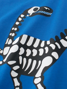 Kids blue cotton t-shirt featuring a minimalist dinosaur skeleton print for summer