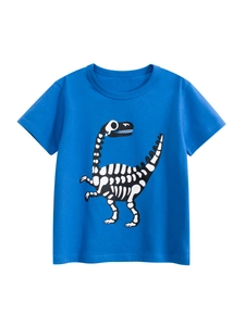 Royal blue children's cotton T-shirt featuring a large white dinosaur skeleton cartoon print