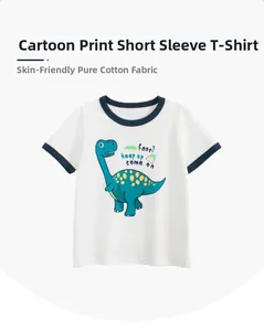 Close-up detail of soft 100% cotton fabric and blue crew neck on boys dinosaur t-shirt