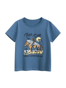 T-Shirt Garçon 100% Coton Manches Courtes Col Rond Imprimé Cheval Dessin Animé Haut Décontracté Pour Enfants