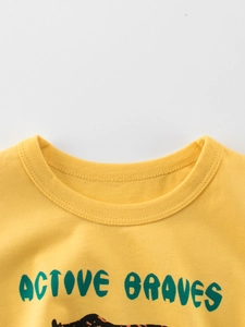 Kids' yellow cotton short sleeve T-shirt with bear pattern and round neck detail