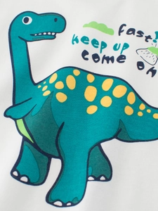 White cotton T-shirt for boys featuring a green cartoon dinosaur and fun typography