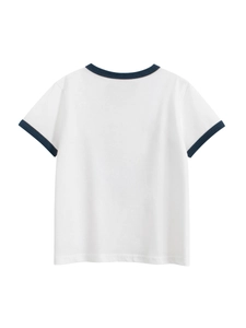 Kids short sleeve cotton t-shirt with navy contrast neckline and cuffs, back view