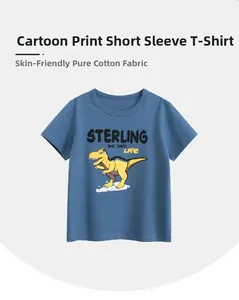 Detail of soft 100% cotton fabric on blue kids t-shirt with cartoon dinosaur print
