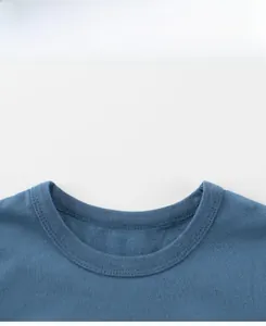 Detailed close-up of the ribbed crew neck and soft cotton fabric on a blue boy's t-shirt