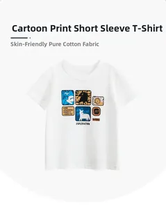 Close-up of boys white cotton T-shirt featuring cartoon animal prints and soft crew neck