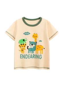 T-Shirt À Manches Courtes Pour Garçons En Coton Imprimé Animaux Dessins Animés Col Rond Contrasté Haut D'été Décontracté