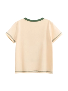 T-shirt en coton pour enfants couleur crème avec col rond et surpiqûres vert foncé