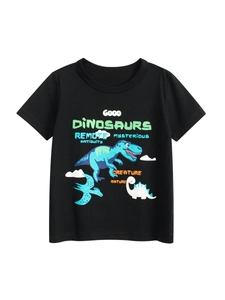 T-Shirt à Manches Courtes pour Garçons Dinosaure Dessin Animé 100 Coton Col Rond Décontracté Été Haut pour Enfants Noir