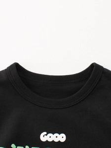 T-shirt noir en coton pour garçon avec lettrage Gooo blanc et imprimé dinosaure vert