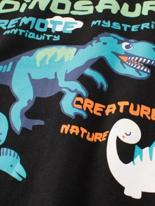 T-shirt noir en coton pour enfants avec imprimés dinosaures colorés et motifs lettrés