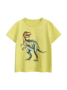 T-Shirt En Pur Coton Pour Garçons Manches Courtes Col Rond Imprimé Dinosaure Dessin Animé Haut De Mode Été Décontracté
