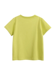 Back view of summer girls' vibrant yellow cartoon t-shirt made of soft knit cotton fabric