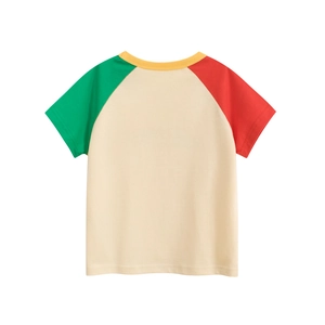 Close-up of raglan sleeves on colorful cotton t-shirt with bright yellow collar trim