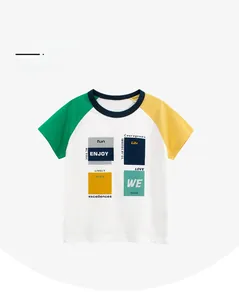Detail of soft cotton raglan T-shirt with colorful blocks and ENJOY text print