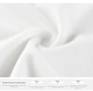 Detail of soft white cotton fabric texture with garment safety certification information