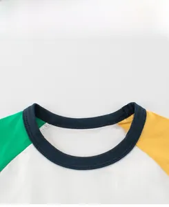 Detail view of cotton color-block crewneck with smooth stitching and ribbed collar