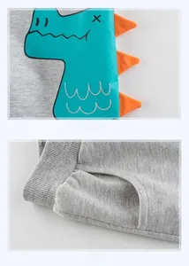 Detail of cartoon dinosaur print and slanted pocket on grey cotton boy shorts