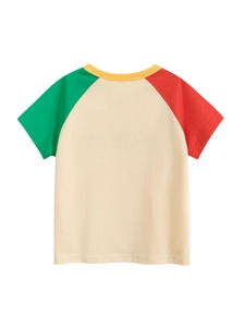 Kids color-block cotton T-shirt with vibrant green and red raglan sleeves on white base