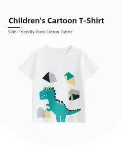 Detail of soft breathable cotton fabric on kids white t-shirt with green dinosaur print